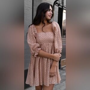 Blush Pink Gold Dot Puff-Sleeve Babydoll Dress